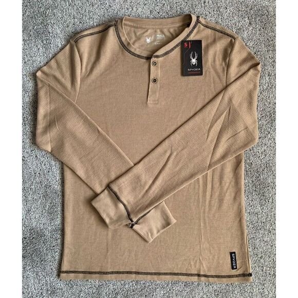Spyder Long Sleeve Tan Waffle‎ Loungewear Men's Crew Neck Small Henley Shirt - Picture 1 of 3